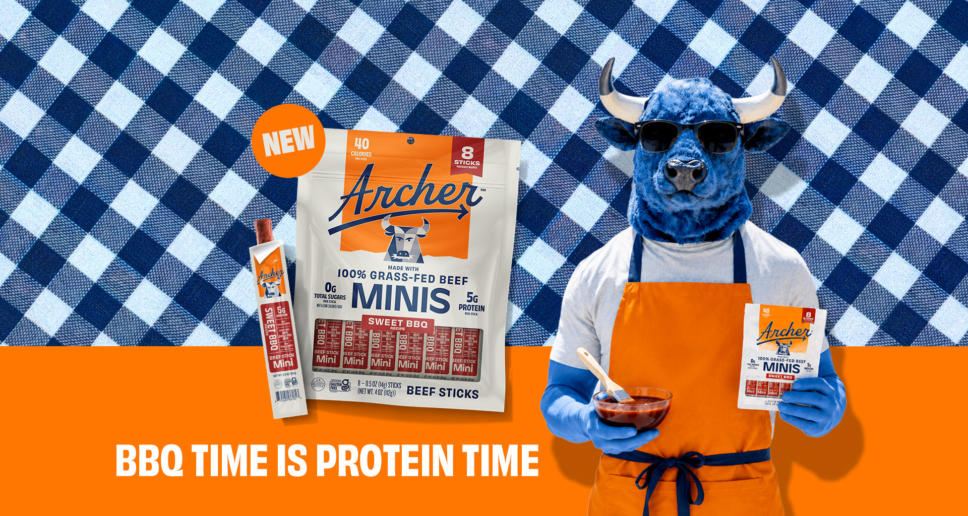 Archer mascot in a buffalo costume wearing an apron holds BBQ sauce and a Sweet BBQ Beef Minis bag — 'BBQ Time Is Protein Time' — Shop Archer Beef Mini